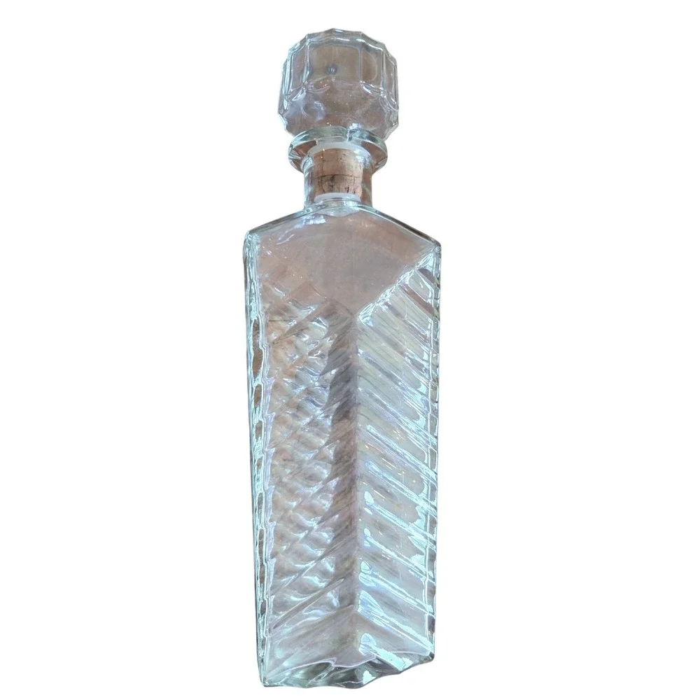 Vintage‎ Textured Chevron Glass Decanter with Faceted Cork Stopper Clear Barware